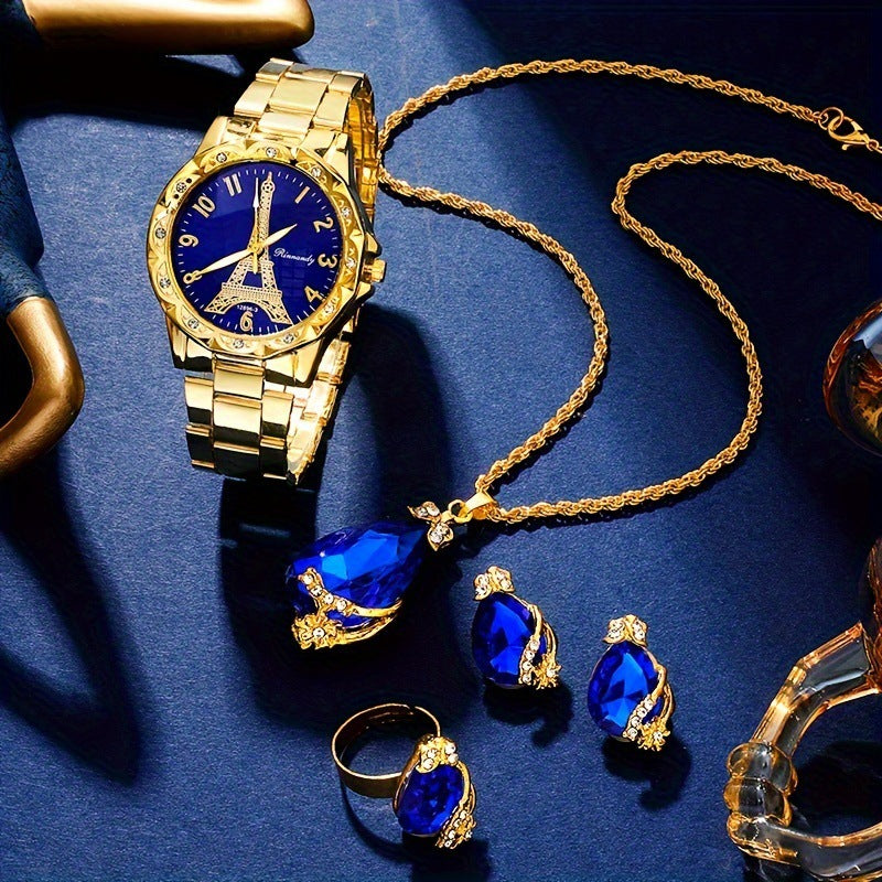 Ensemble de bijoux 4 pièces Montre pour femme Tour Eiffel Montre à quartz Montre-bracelet de luxe en acier