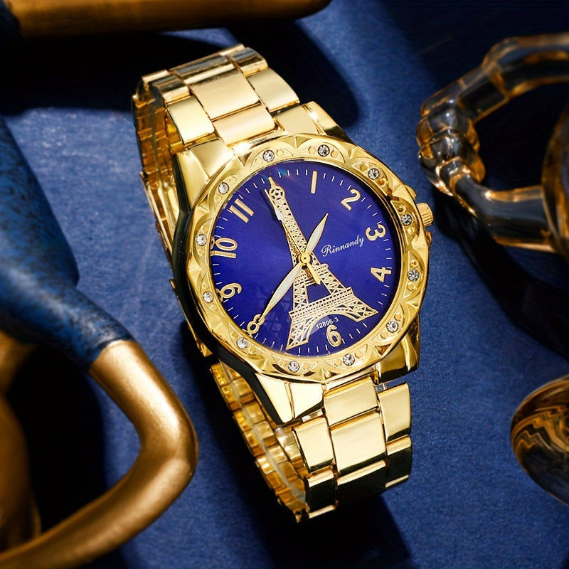 Ensemble de bijoux 4 pièces Montre pour femme Tour Eiffel Montre à quartz Montre-bracelet de luxe en acier