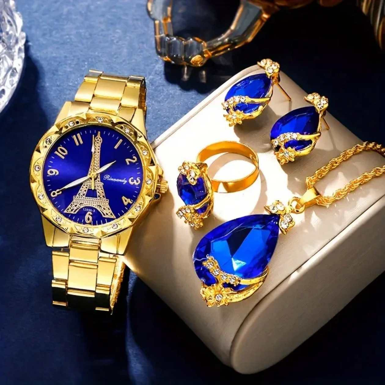 Ensemble de bijoux 4 pièces Montre pour femme Tour Eiffel Montre à quartz Montre-bracelet de luxe en acier