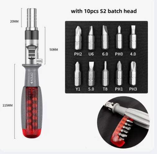 Tournevis à Cliquet Portable Magnétique 🔧 – Ensemble 10-en-1 Compact avec Embouts Multiples, Résistant à l’Usure