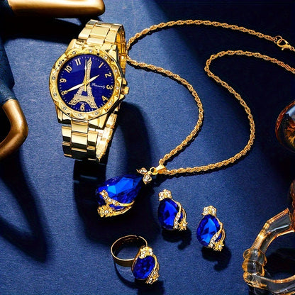 Ensemble de bijoux 4 pièces Montre pour femme Tour Eiffel Montre à quartz Montre-bracelet de luxe en acier
