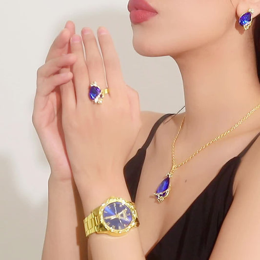 Ensemble de bijoux 4 pièces Montre pour femme Tour Eiffel Montre à quartz Montre-bracelet de luxe en acier